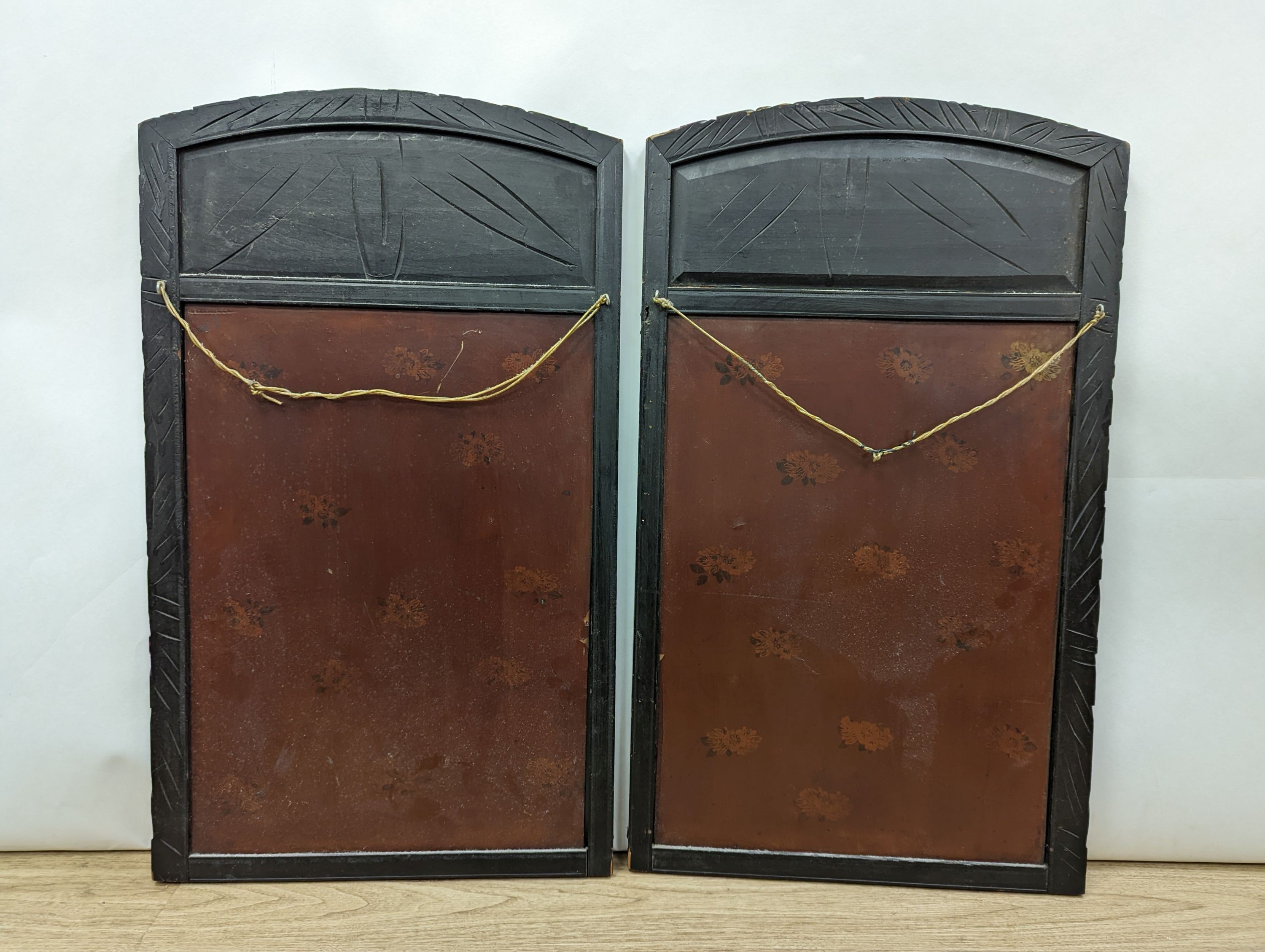 A pair Japanese bone and mother of pearl overlaid red lacquer panels, each 72 x 42.5 cm